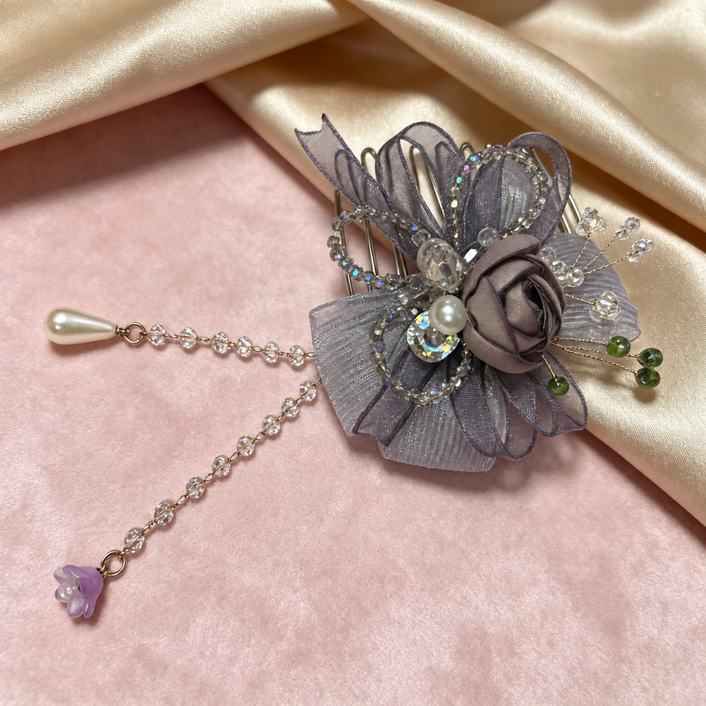Handmade light purple rose and bow hair comb with removable bead chains, view 5