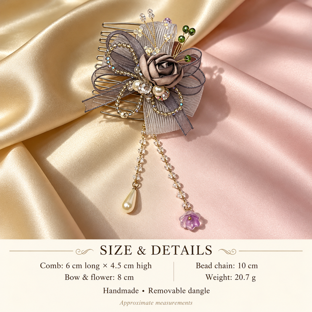 Light purple rose and bow hair comb size guide: 6 × 4.5 cm comb, 8 cm decoration, 10 cm chain, 20.7 g