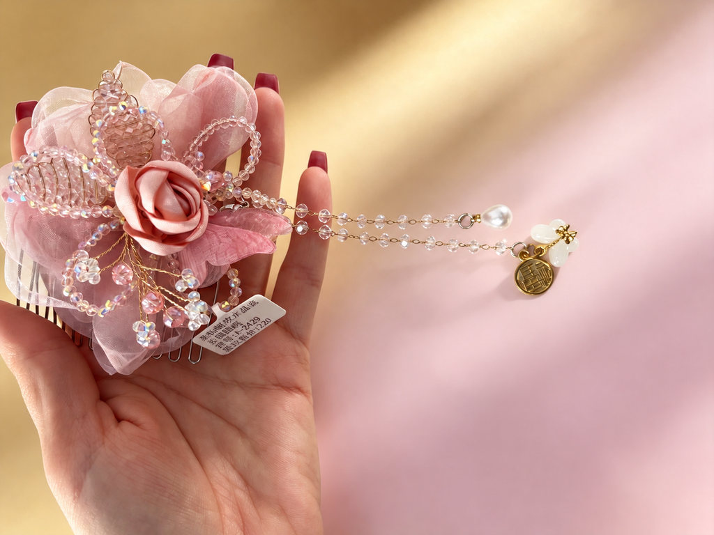Pink butterfly hair comb decorative details