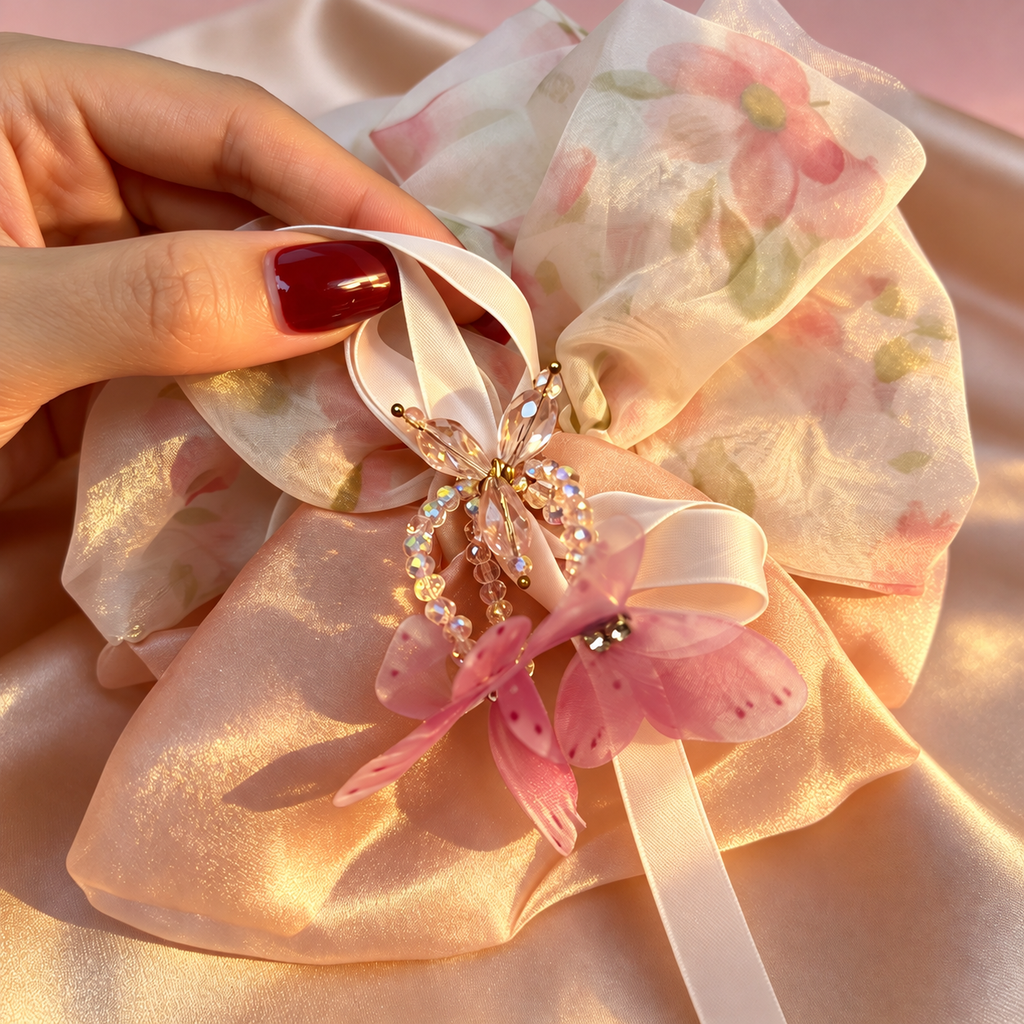 Pink floral butterfly fabric scrunchie with glass beads and ribbons, view 0