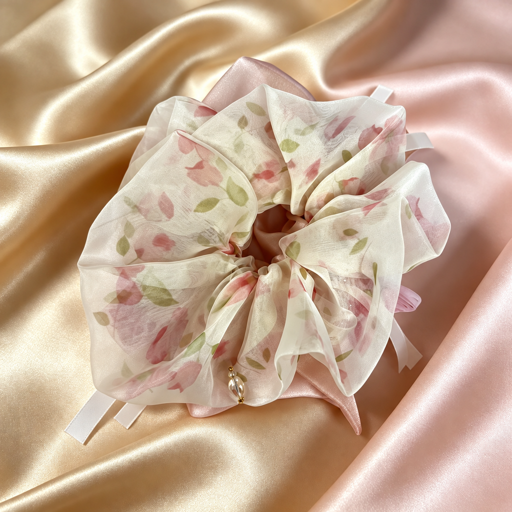 Pink floral butterfly fabric scrunchie with glass beads and ribbons, view 1
