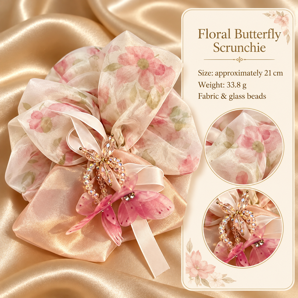 Pink floral butterfly scrunchie size guide: approximately 21 cm, 33.8 g, fabric and glass beads