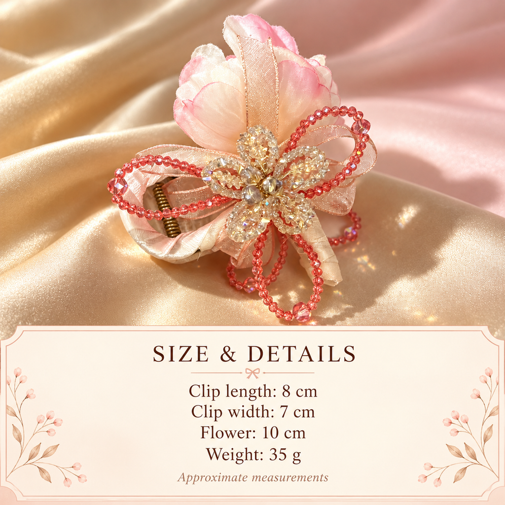 Pink flower hair claw size guide: clip 8 cm long, 7 cm wide, flower 10 cm, weight 35 g