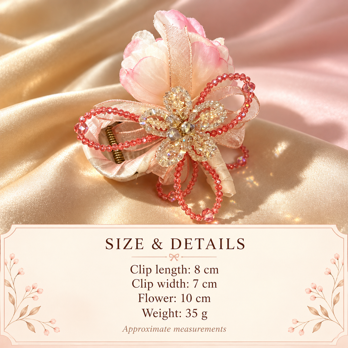 Pink flower hair claw size guide: clip 8 cm long, 7 cm wide, flower 10 cm, weight 35 g