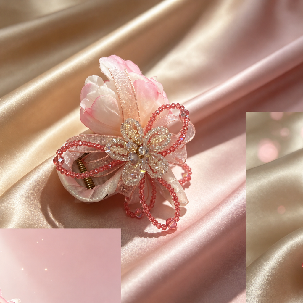 Handmade pink floral hair claw clip, detail view 4