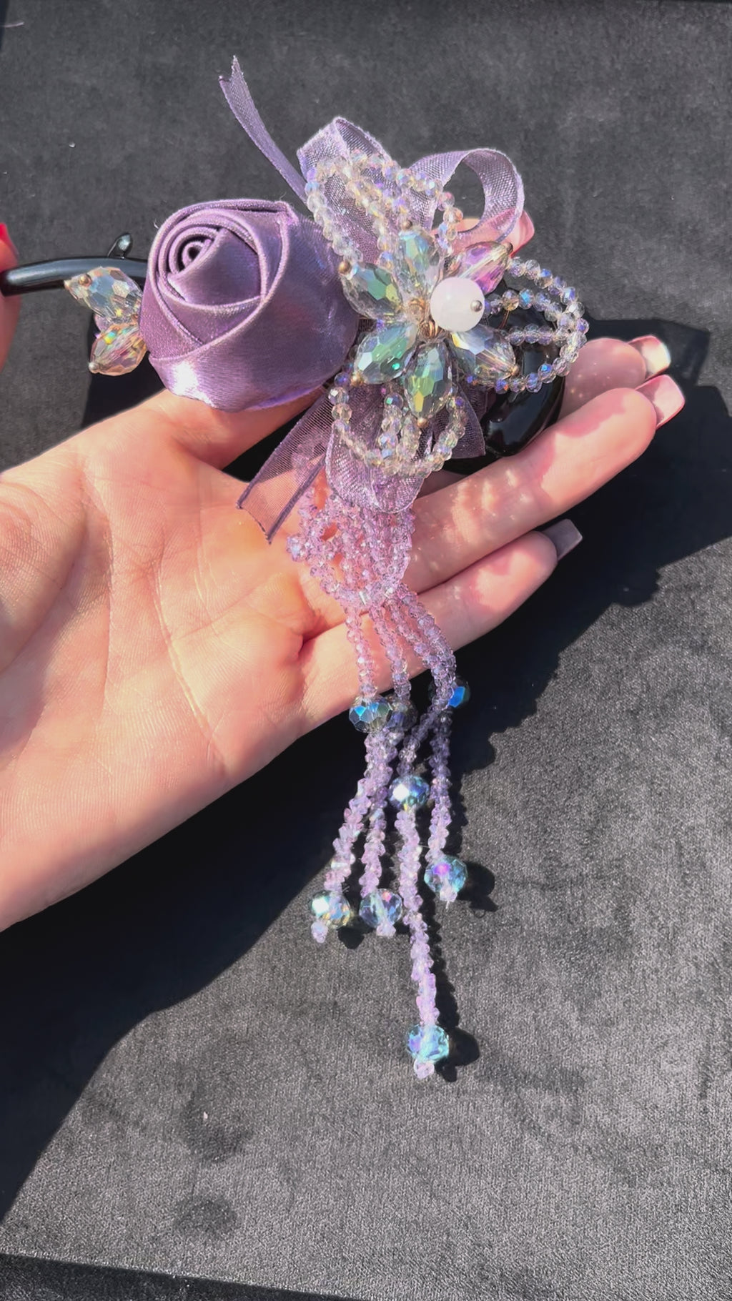 Handmade Purple Rose Beaded Hair Clip with Removable Dangle