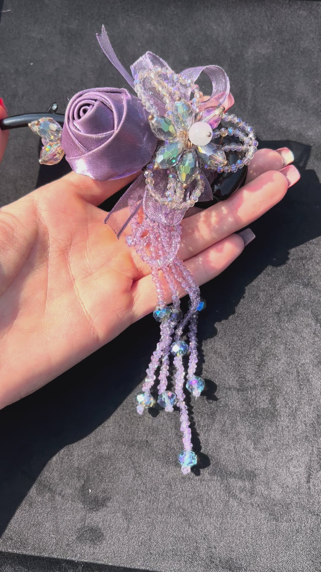 Handmade Purple Rose Beaded Hair Clip with Removable Dangle