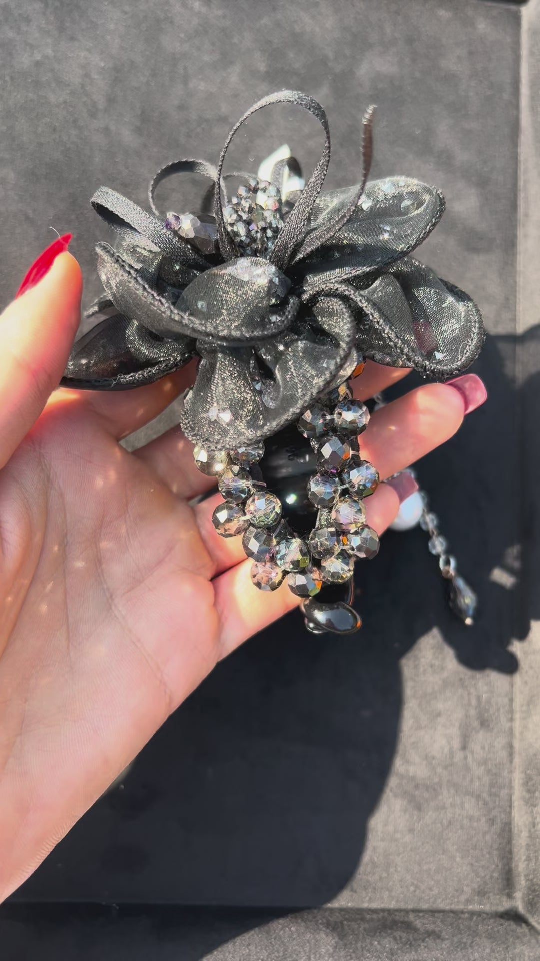 Handmade Black Flower Hair Claw Clip with Removable Bead Chains