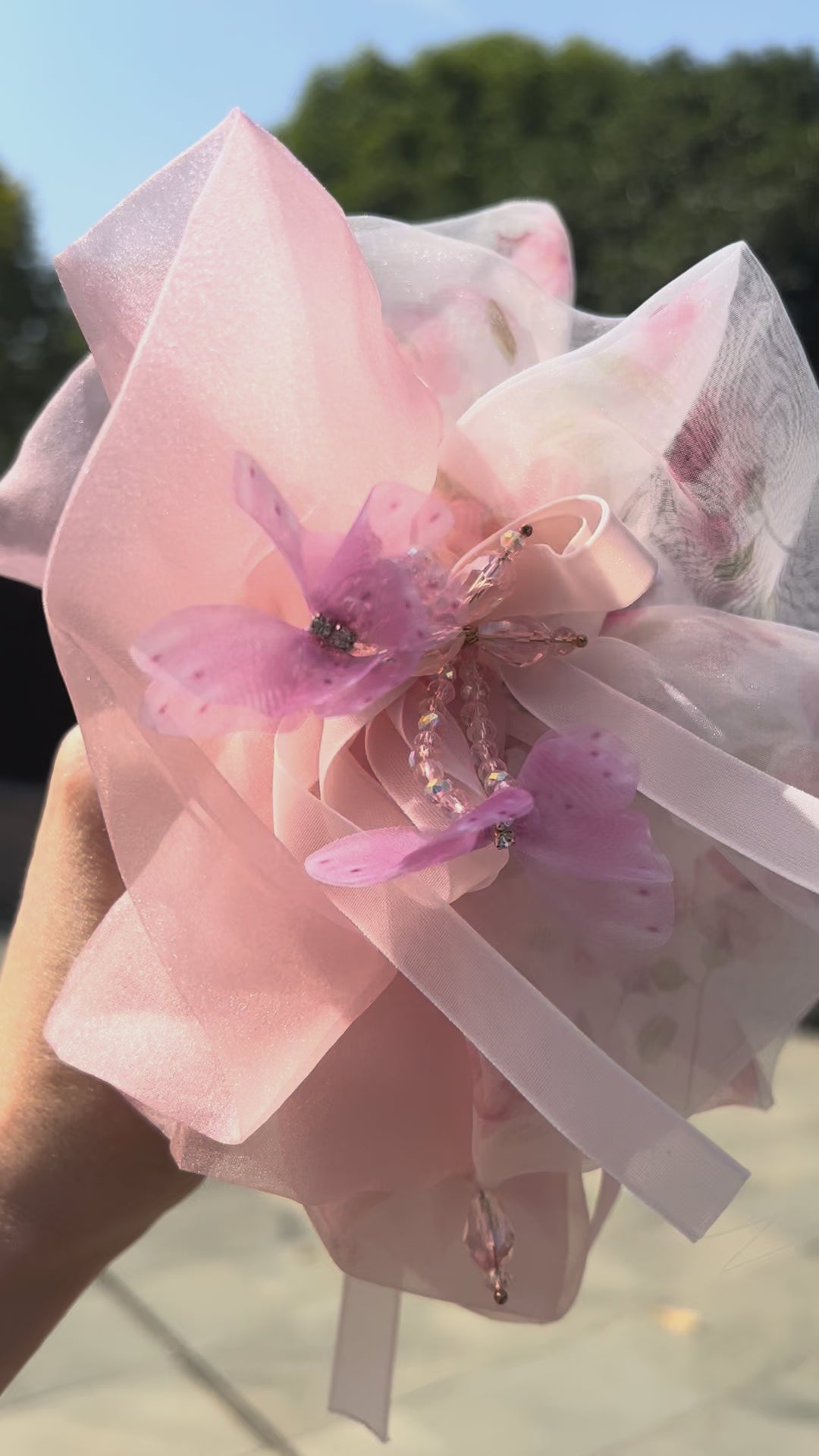 Pink Floral Butterfly Scrunchie with Glass Beads & Ribbons