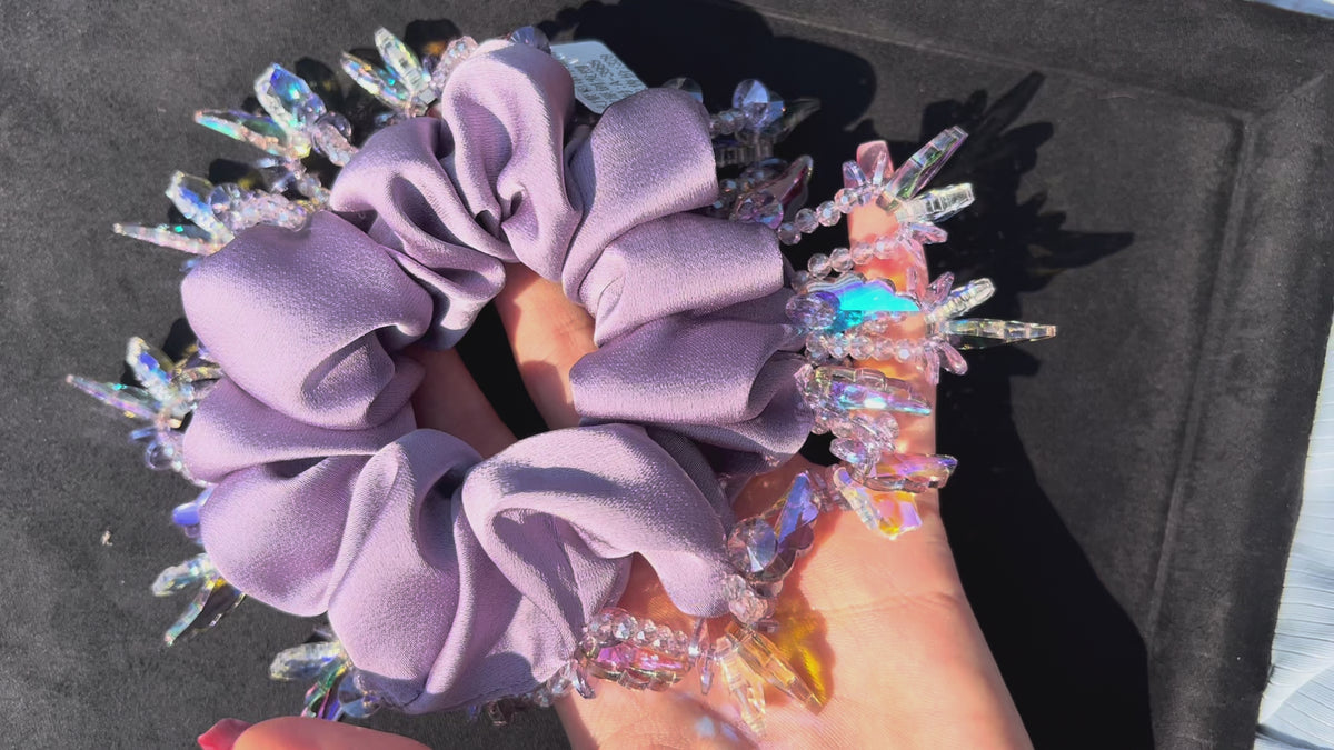 Dusty Purple Glass Bead Scrunchie – Sparkling Fabric Hair Tie