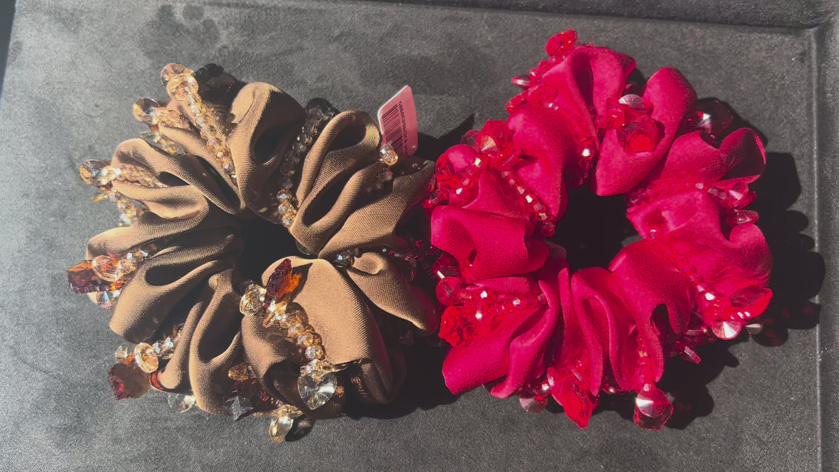 Glass Bead Fabric Scrunchie – Red & Brown