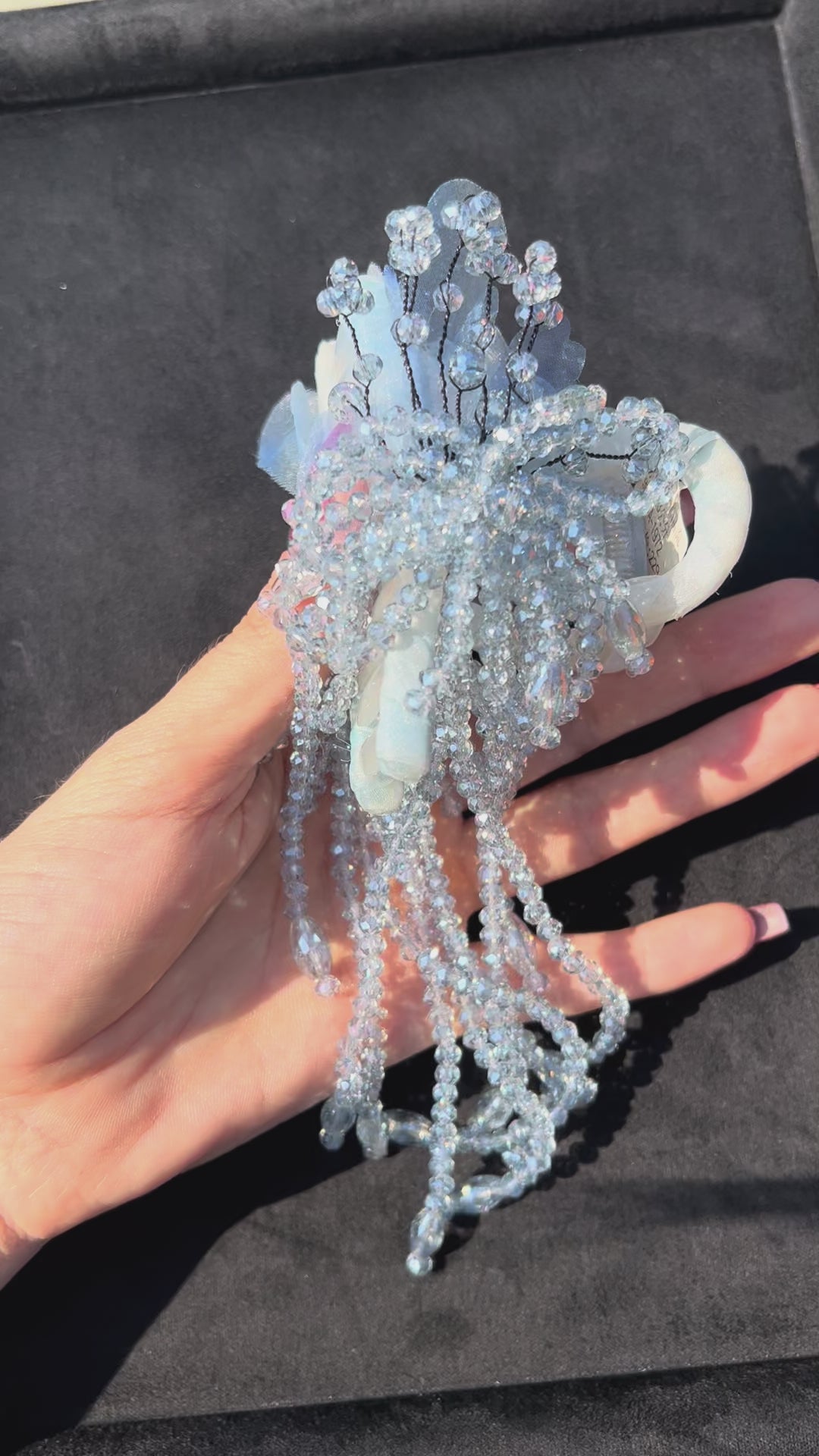 Handmade Ice Blue Beaded Hair Claw with Long Crystal Dangles