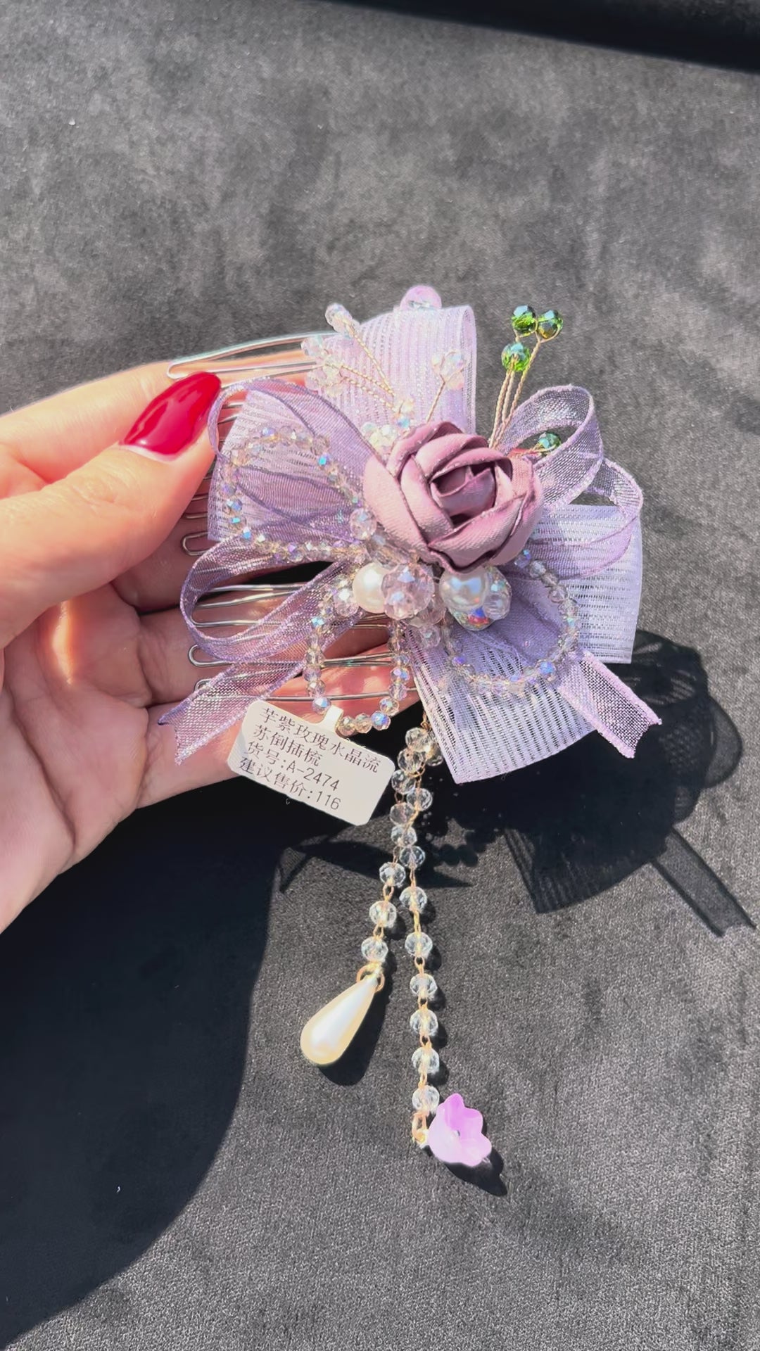 Handmade Light Purple Rose & Bow Beaded Hair Comb with Removable Dangle