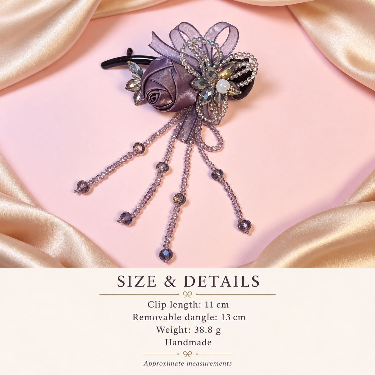 Handmade purple rose hair clip size: 11 cm clip, 13 cm removable dangle, 38.8 g