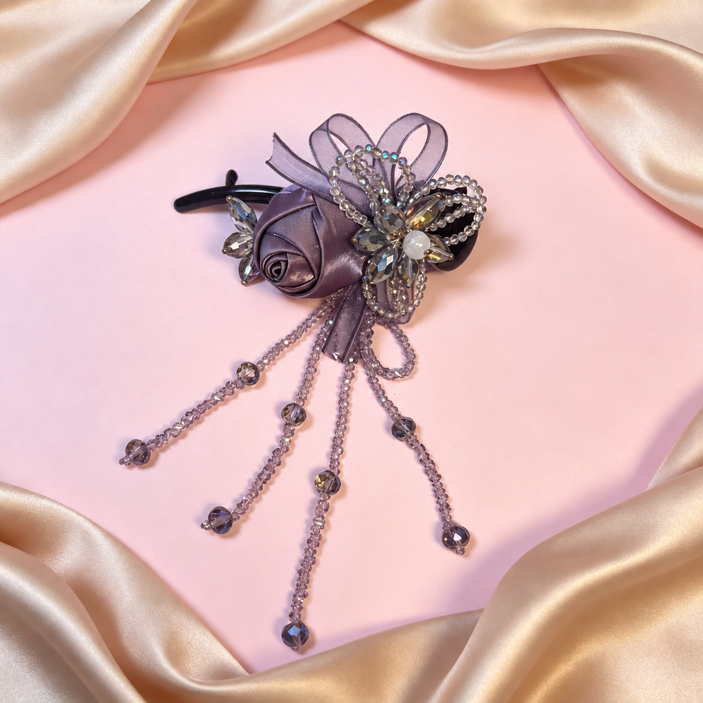 Handmade purple rose hair clip with removable beaded dangle, detail 4