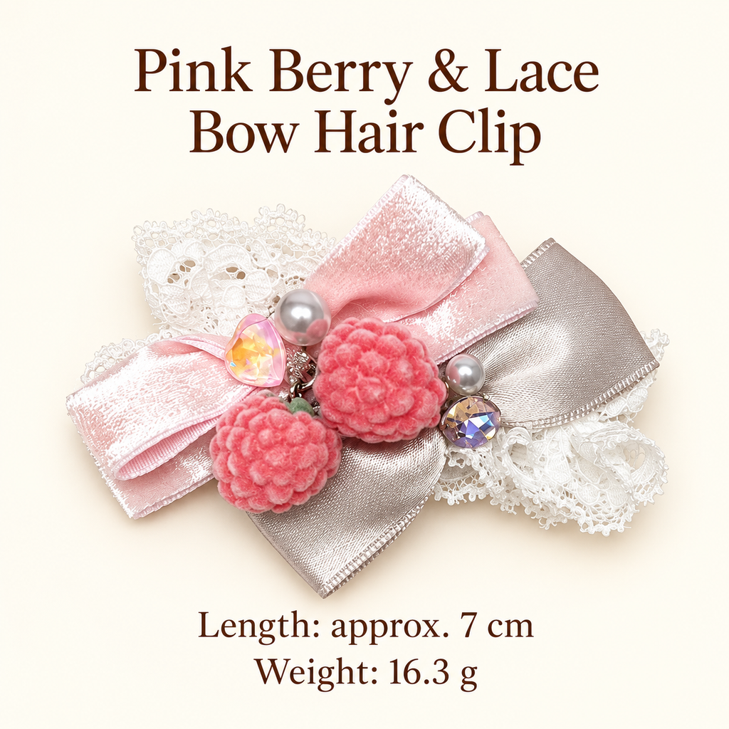 Pink berry lace bow hair clip size guide: approximately 7 cm, 16.3 g